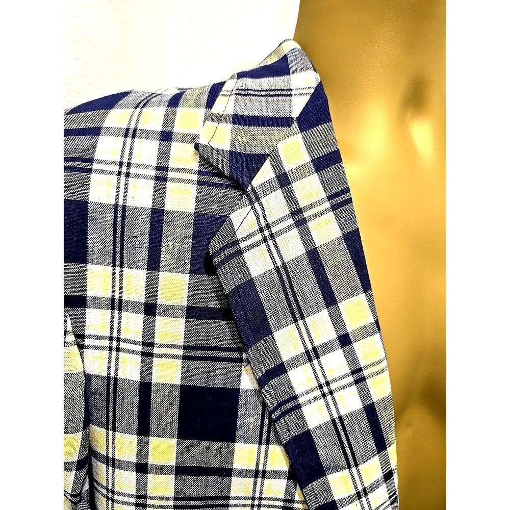 Vtg 70s Linen Plaid Blazer Jacket Size 46L Blue Yellow Dapper Derby Preppy Dandy